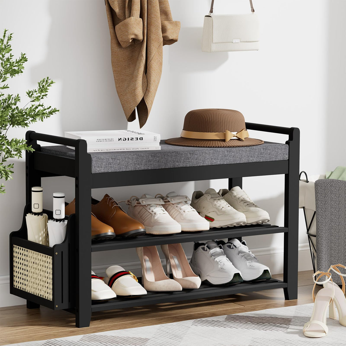 Homaxy 2-Tier Shoe Rack Bench, 28.2 in, Walnut and Light Brown