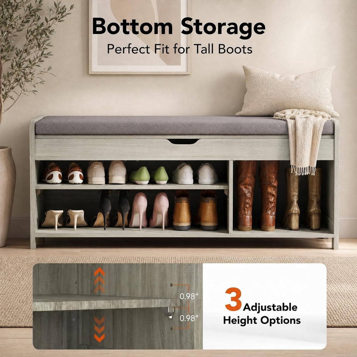Marsail Shoe Storage Bench with Seating, Farmhouse Entryway Bench, Grey