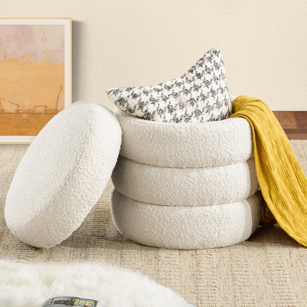 Busaurus Storage Ottoman Bench 49.2 Inch Upholstered Fabric Storage Bench for Bedroom End of Bed Aesthetic Large Oval Ottoman for Living Room Entryway (Ivory)