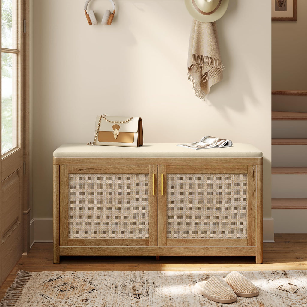 VASAGLE Boho Shoe Bench with Cushion, 2 Rattan-Look Cabinet Doors