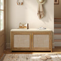 VASAGLE Boho Shoe Bench with Cushion, 2 Rattan-Look Cabinet Doors