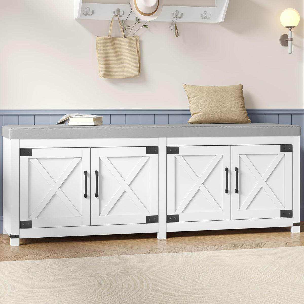 Hzuaneri 59" Shoe Storage Bench, with Soft Padded Seat Cushion & Doors