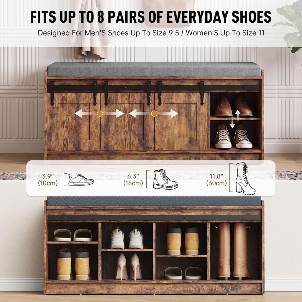 42" Farmhouse Shoe Storage Bench with Seating Cushion,for Entryway
