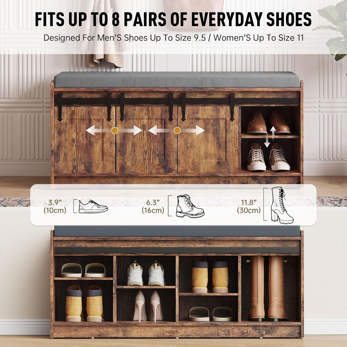 42" Farmhouse Shoe Storage Bench with Seating Cushion,for Entryway