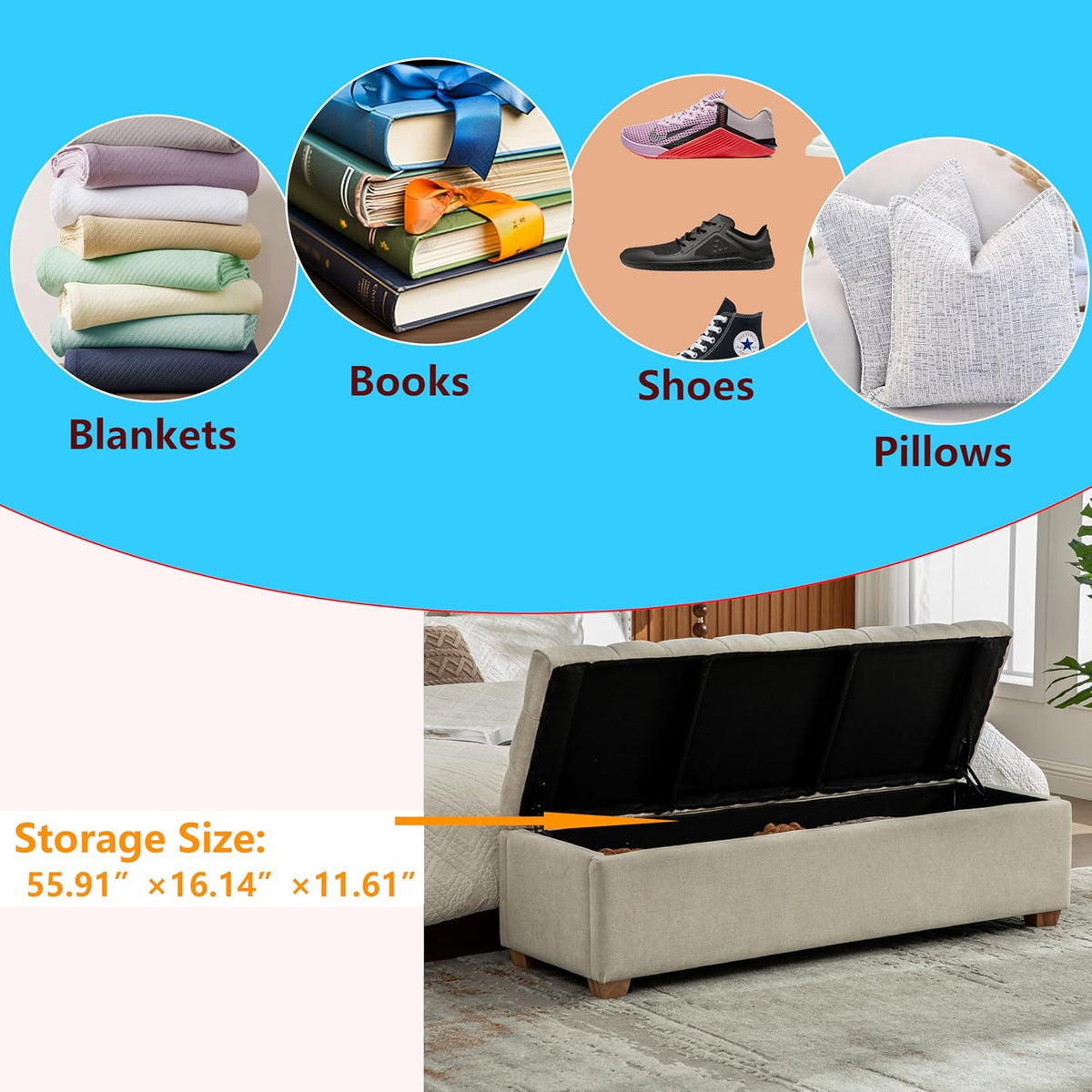60.24" Bedside Ottoman Bench with Storage,Button Tufted Storage Benches for Bed End,Chenille Bench with Seating and Storage for Entryway,Bedroom,Living Room,Window (Beige, 60.24)
