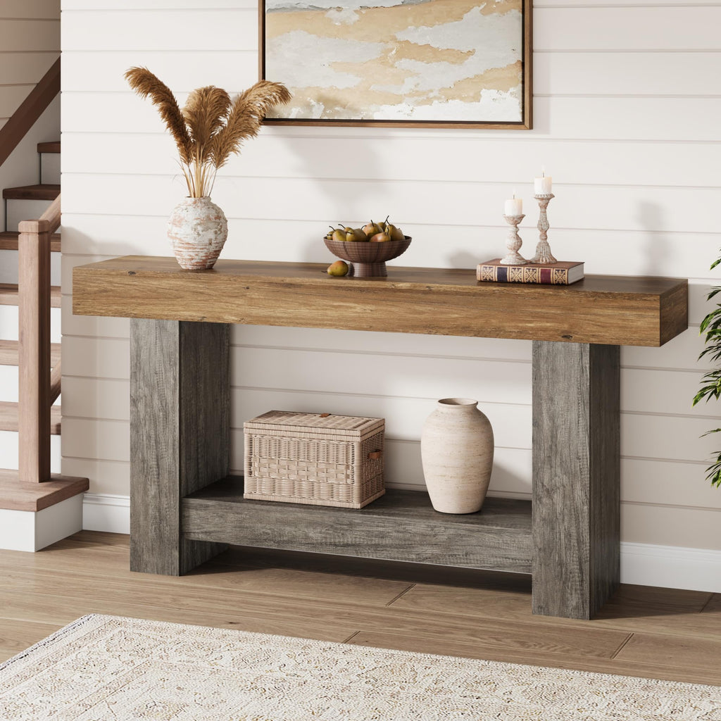 GarveeHome 47" Farmhouse 2-Tier Console Table for Entryway, Grey