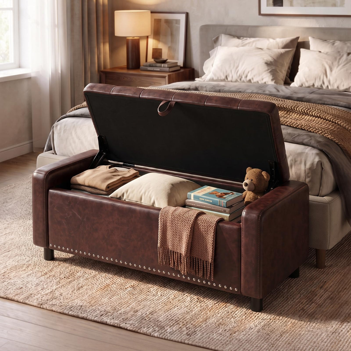 46" Storage Ottoman Bench, 30 Gallon Faux Leather Storage Bench with Handles & Soft-Close Hinged Lid for Blanket and Pillow, Load 350 lbs, End of Bed Bench for Bedroom, Entryway & Living Room, Brown