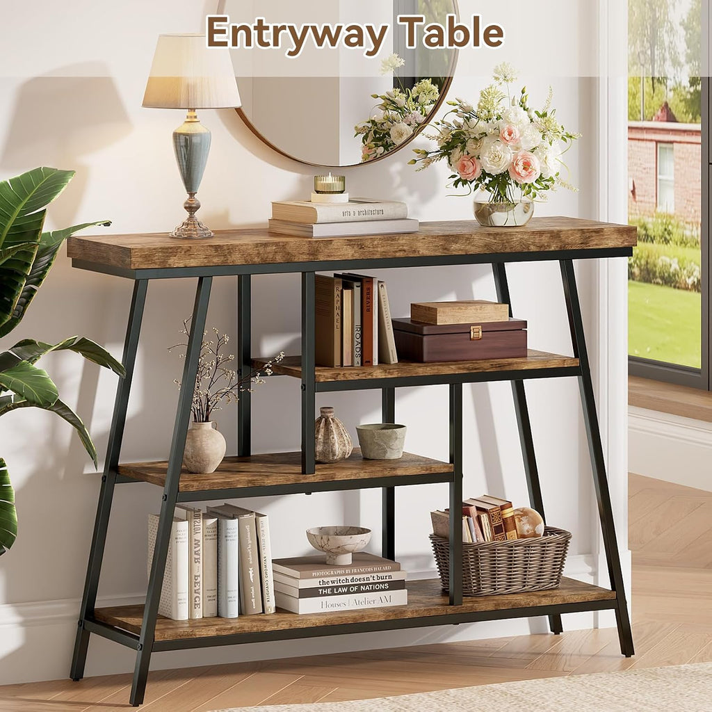 43.3" Console Table, Industrial 4-Tier Sofa Table Entryway Table with Arched Metal Frame, Storage Shelves, Narrow Wood Accent Tables with Small Spaces,Living Room,Hallway,Foyer, Rustic Brown