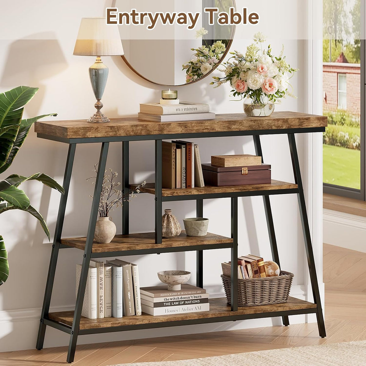 43.3" Console Table, Industrial 4-Tier Sofa Table Entryway Table with Arched Metal Frame, Storage Shelves, Narrow Wood Accent Tables with Small Spaces,Living Room,Hallway,Foyer, Rustic Brown