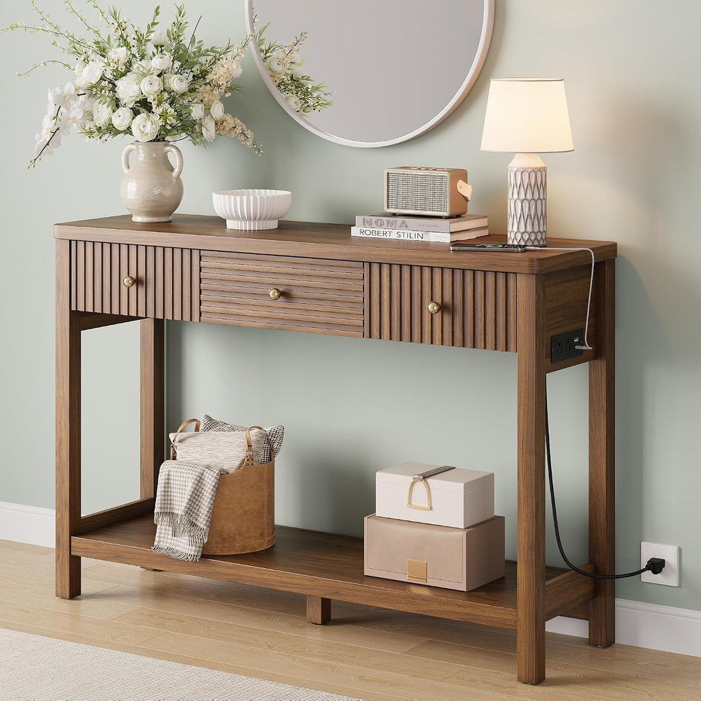 Decofy 47'' Fluted Console Table with Charging Station & 3 Drawers, Walnut