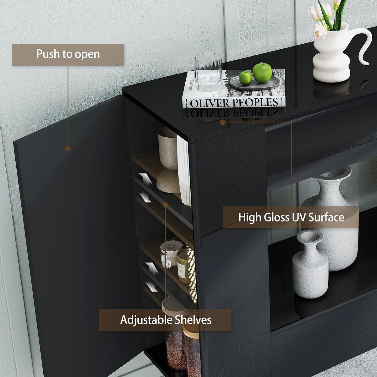 47" High Gloss Console Table with Hidden Side Storage, Black