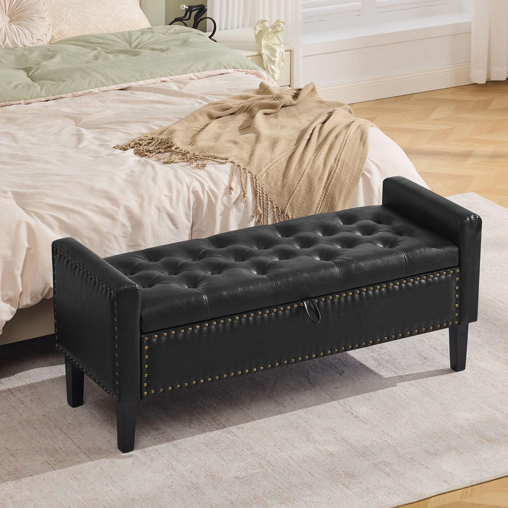 WUTUTUEE 47" Velvet Storage Bench, Upholstered Bed Bench with Storage, End of Bed Ottoman with Wooden Legs,Bedside Storage Bench for Bedroom, Living Room, or Entryway, Blue Grey