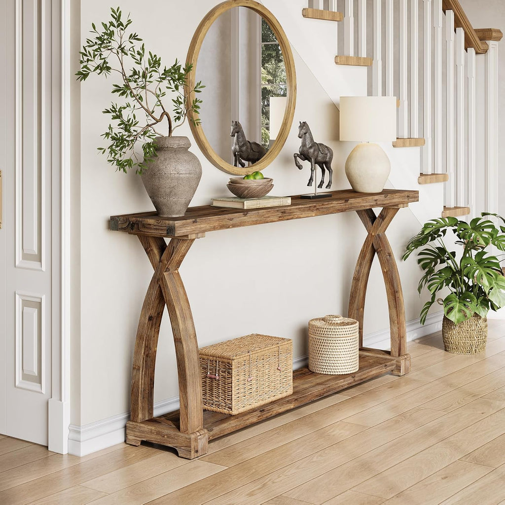 Solid Wood Console Table for Entryway, 63-Inch Narrow Farmhouse Couch Table Behind Sofa with 2-Tier Storage for Entrance, Foyer, Living Room, Long, Rustic Brown