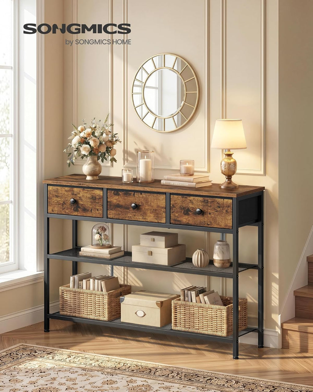 SONGMICS Console Table with 3 Fabric Drawers, Narrow Entryway Furniture