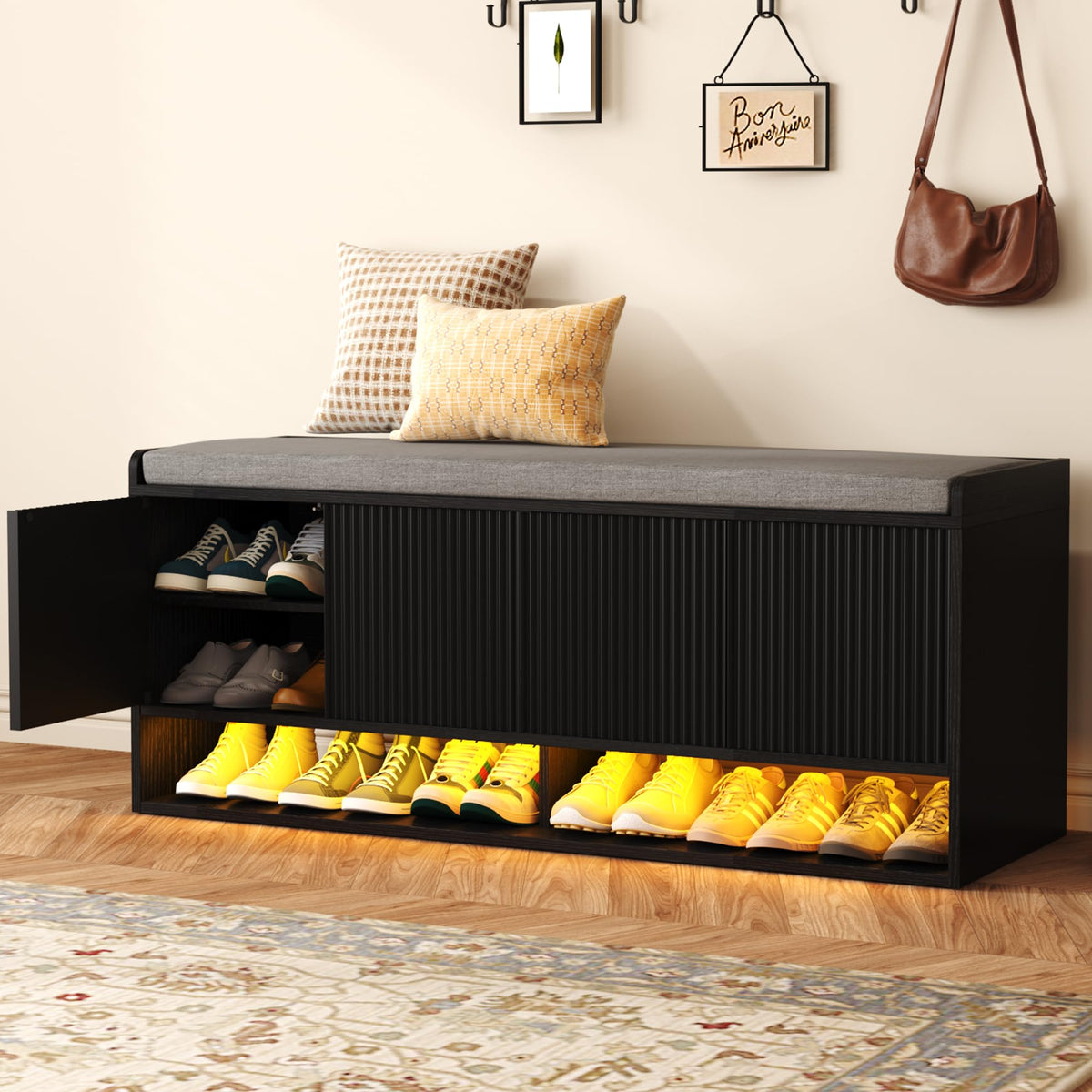 HOMEFORT 47.2" Fluted Shoe Storage Bench, Entryway Bench with Linen Seat Cushion, Shoe Cabinet Bench with Adjustable Shelf and Built-in LED Sensor Light, Bench for Bedroom End of Bed, Walnut