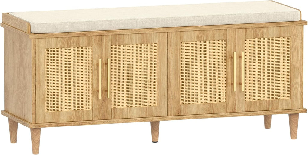 Akxomel 47.2" Rattan Shoe Storage Bench 4 Doors Wooden Entryway Bench Oak