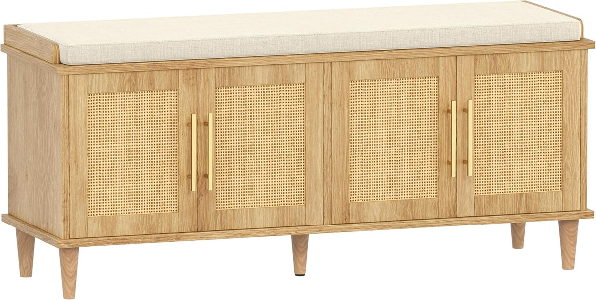 Akxomel 47.2" Rattan Shoe Storage Bench 4 Doors Wooden Entryway Bench Oak