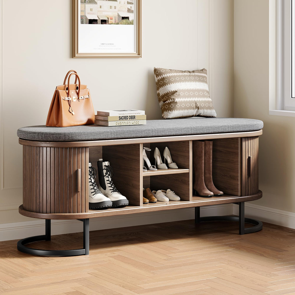 Decofy Shoe Storage Bench with Cushion and Sliding Doors, 47.2 Inch Shoe Bench with Storage, Freestanding Entryway Bench with Shoe Storage, with Solid Wood Legs, for Hallway & Entrance Hall, Walnut