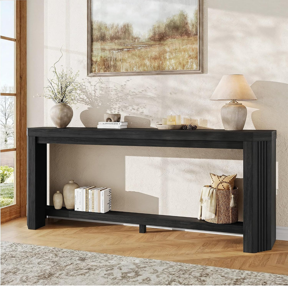 70" Console Table for Entryway, Narrow Long Sofa Table Behind Couch, Wood Couch Table with Open Storage, Easy Assembly Entryway Table for Living Room, Hallway, Foyer, Couch, Black