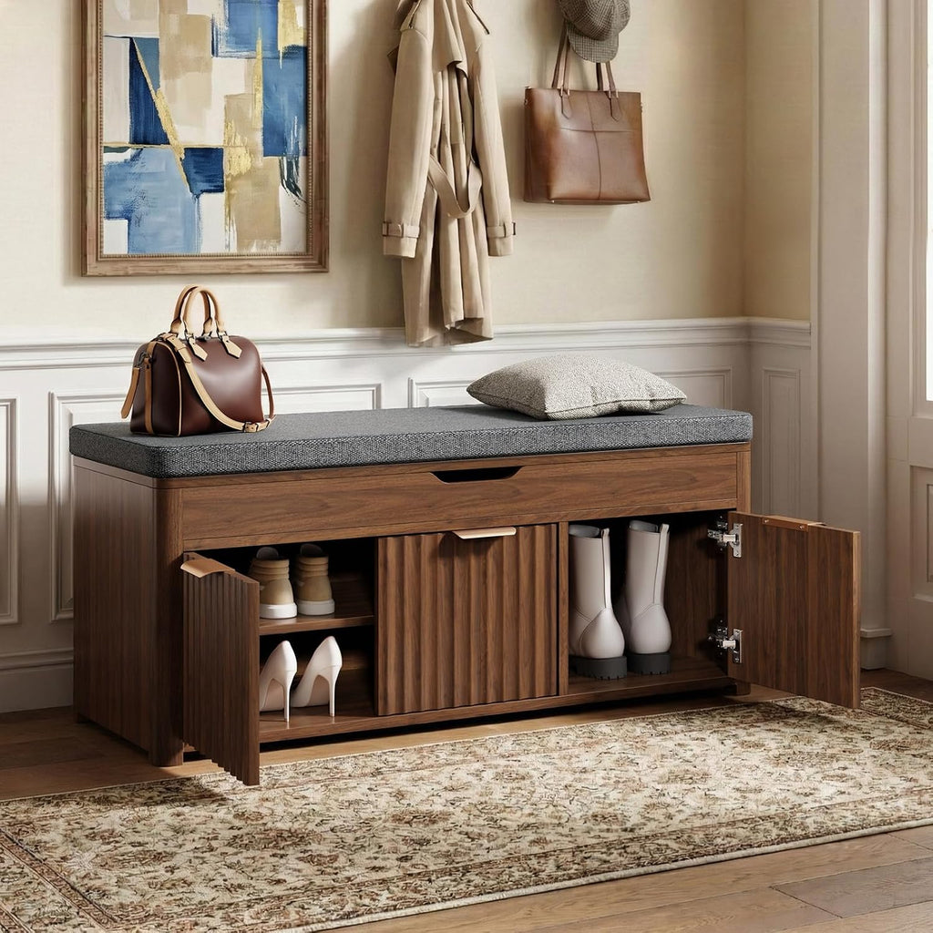 37.4" W Shoe Bench with Storage, Lift Top Entryway Bench, Walnut