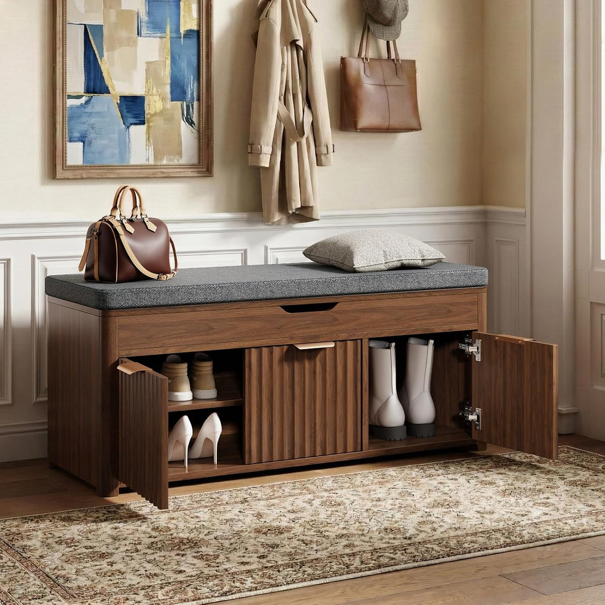 37.4" W Shoe Bench with Storage, Lift Top Entryway Bench, Walnut