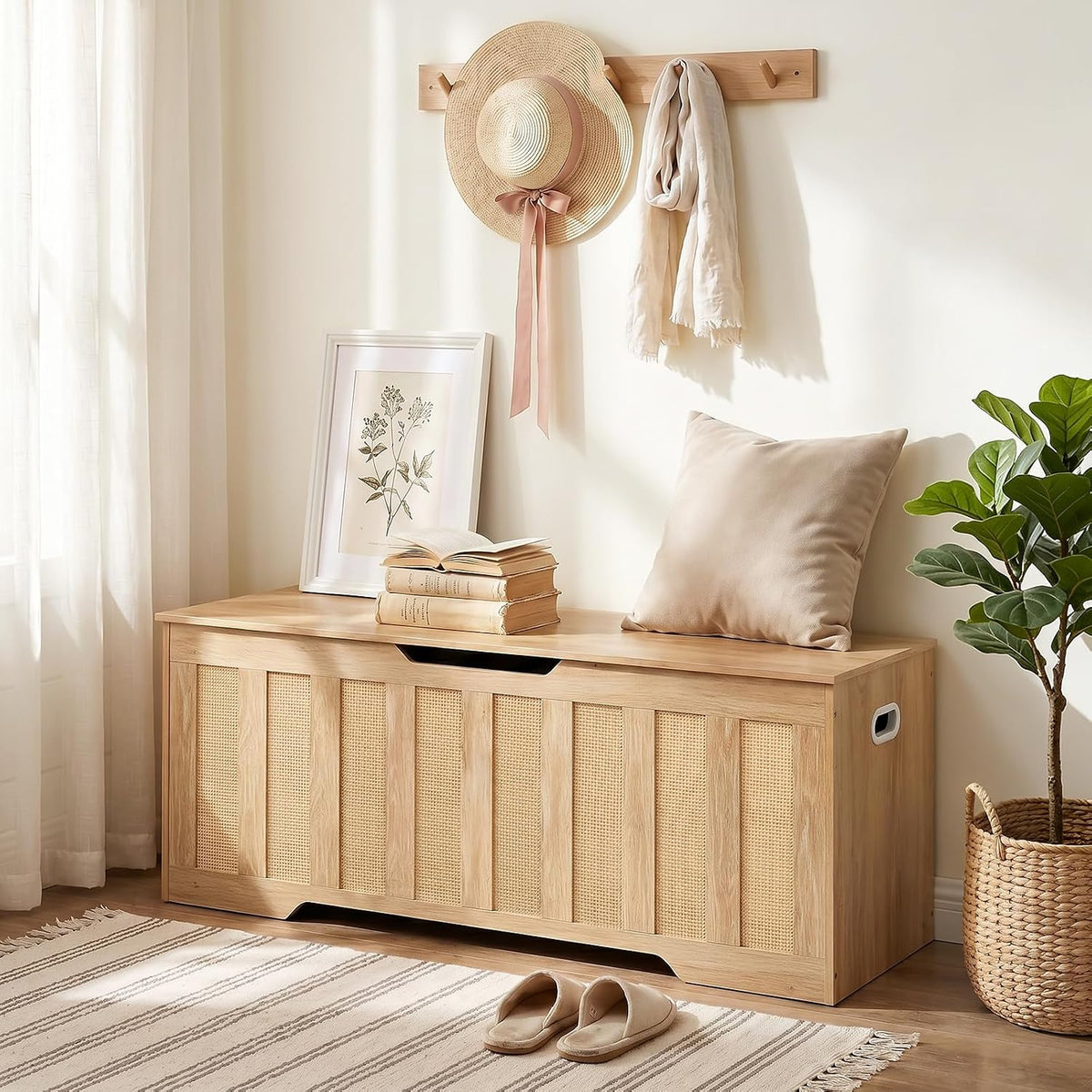 CHOEZON 47.2" Storage Bench, Rattan-Style Storage Chest, Storage Cabinet with Handles, Toy Storage Box, for Living Room and Bedroom, Natural MCW24NL