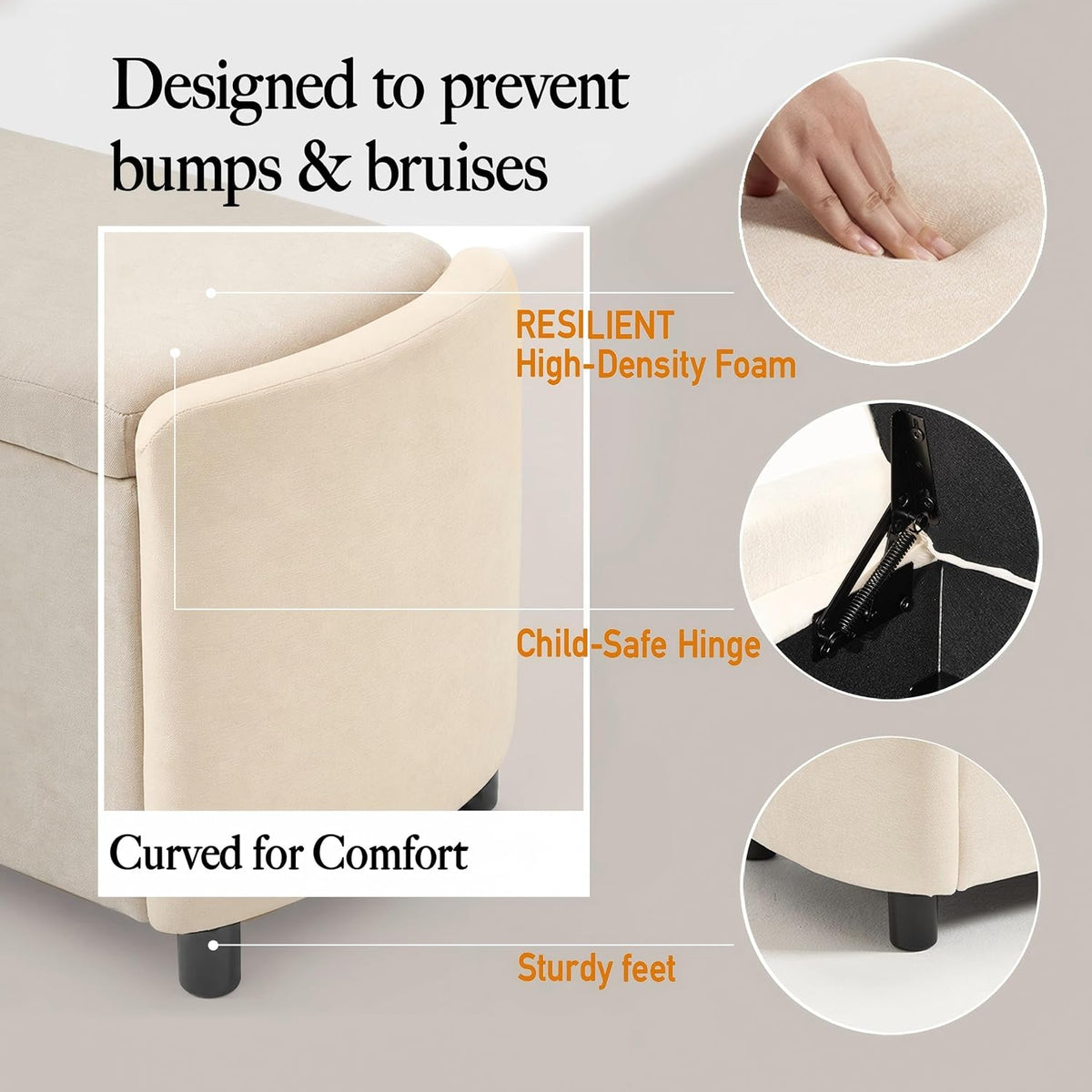 48" Ottoman with Storage, Large Storage Ottoman Bench, Beige