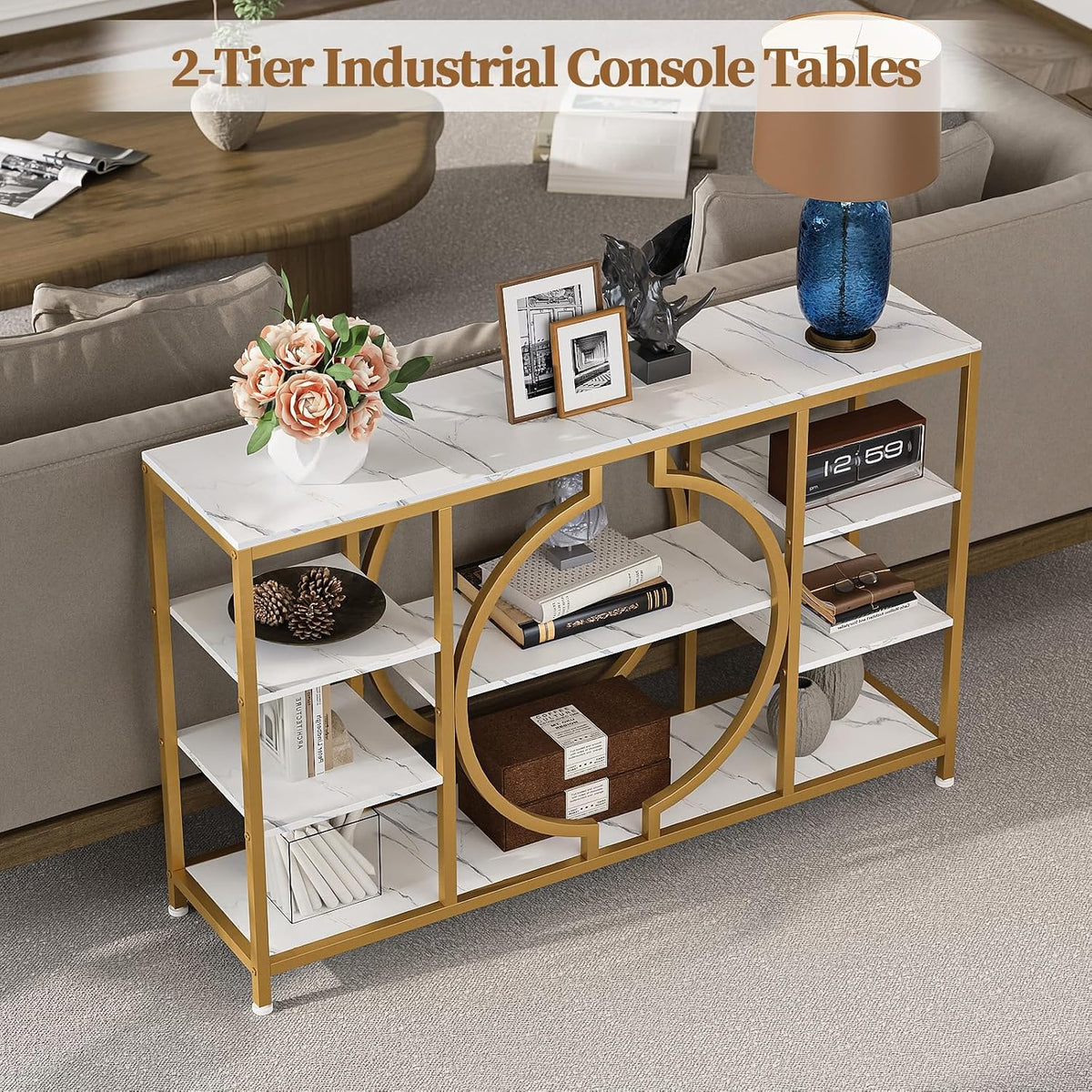 GiftGo 47" Industrial Console Tables for Entryway Rustic Sofa Table Behind Couch 4 Tier Wooden Shelves Entry Table with Storage for Foyer, Hallway, Front Door,Living Room (White Gold, 47")