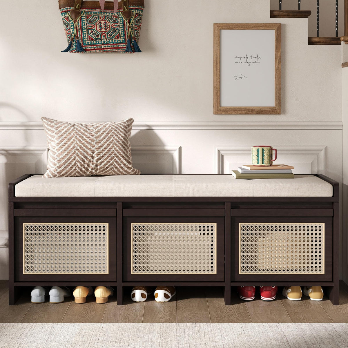 48" Entryway Storage Bench with 3 Rattan Drawers，Natural