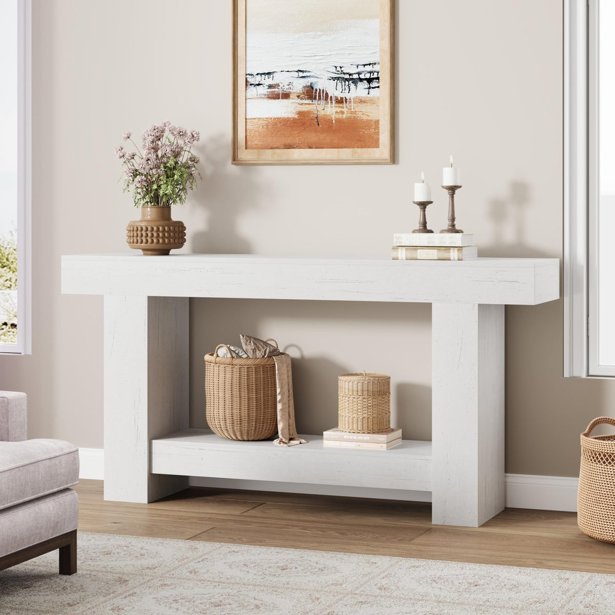 GarveeHome 47" Farmhouse 2-Tier Console Table for Entryway, Grey