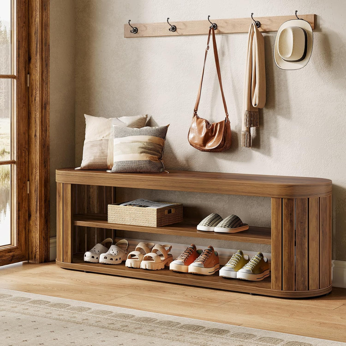 Tribesigns 47.2" Wooden Entryway Bench with 2-Tier Shoe Storage, Farmhouse Dining Bench with Adjustable Foot Pads, End of Bed Stool for Bedroom, Hallway, Living Room, Dining Room, Rustic Brown