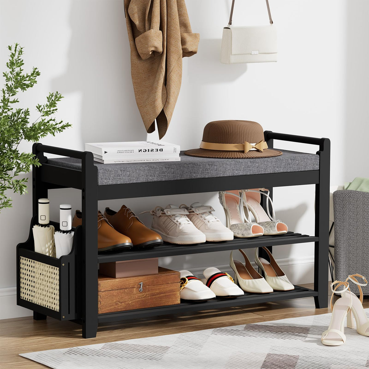 Homaxy 2-Tier Shoe Rack Bench, 28.2 in, Walnut and Light Brown