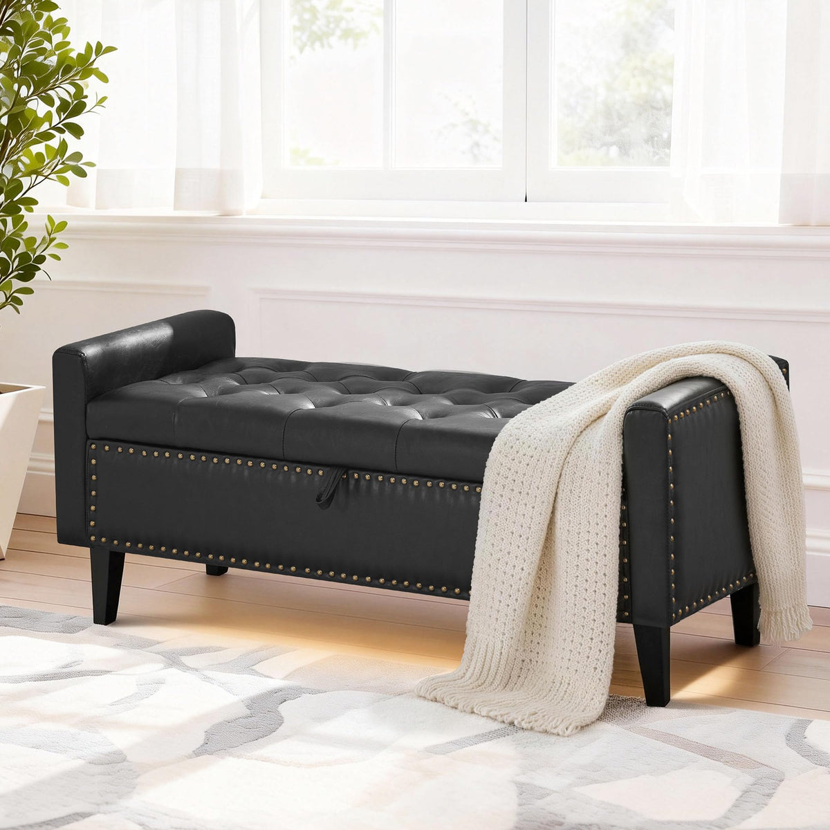 47in Velvet Storage Ottoman Bench with Arms, Upholstered Storage Bench with Wooden Legs, Storage Bench for Bedroom, Living Room, Entryway, Blue Grey