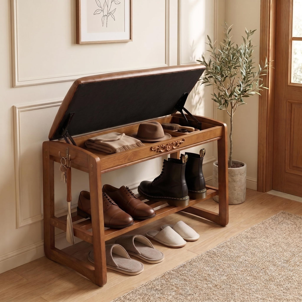 Shoe Rack Bench Solid Wood Entryway Shoe Storage Bench with Flip-Top 39.4''