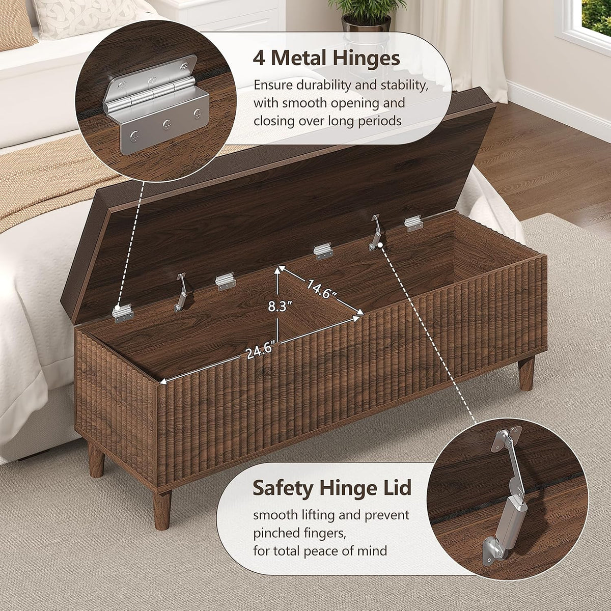 51" Storage Ottoman Bench, Fluted Wooden End of Bed Storage Bench with Leather Upholstererd, Mid-Century Modern Entryway Bench with Lift Top for Bedroom, Living Room, Entryway