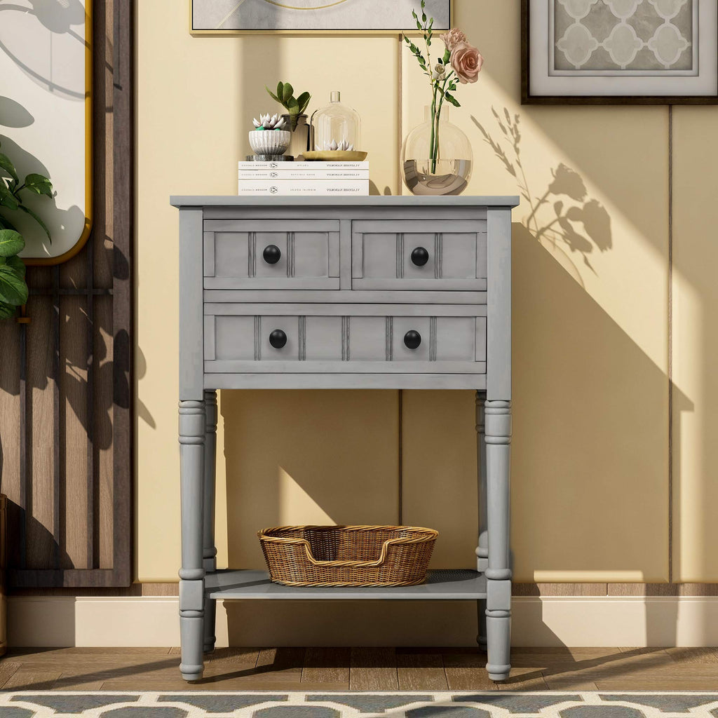 Knocbel Slim Antique Entry Console Table with 3 Drawers & Bottom Open Shelf, Solid Wood Narrow Sofa Couch Table for Entryway Hallway Living Room 23.7" W x 13" D x 31.4" H Natural