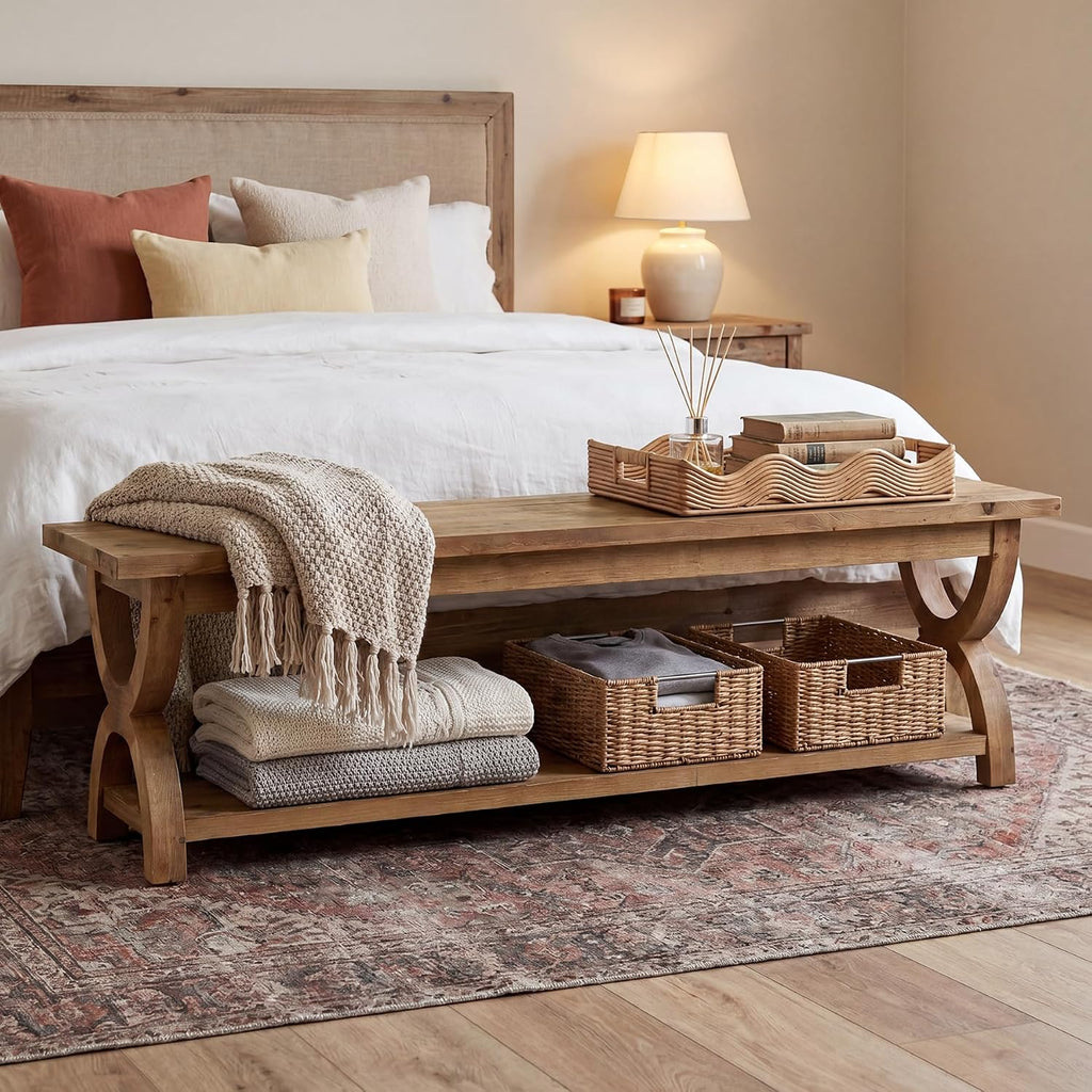 LITTLE TREE Solid Wood Shoe Storage Bench with 2-Tier Shelf