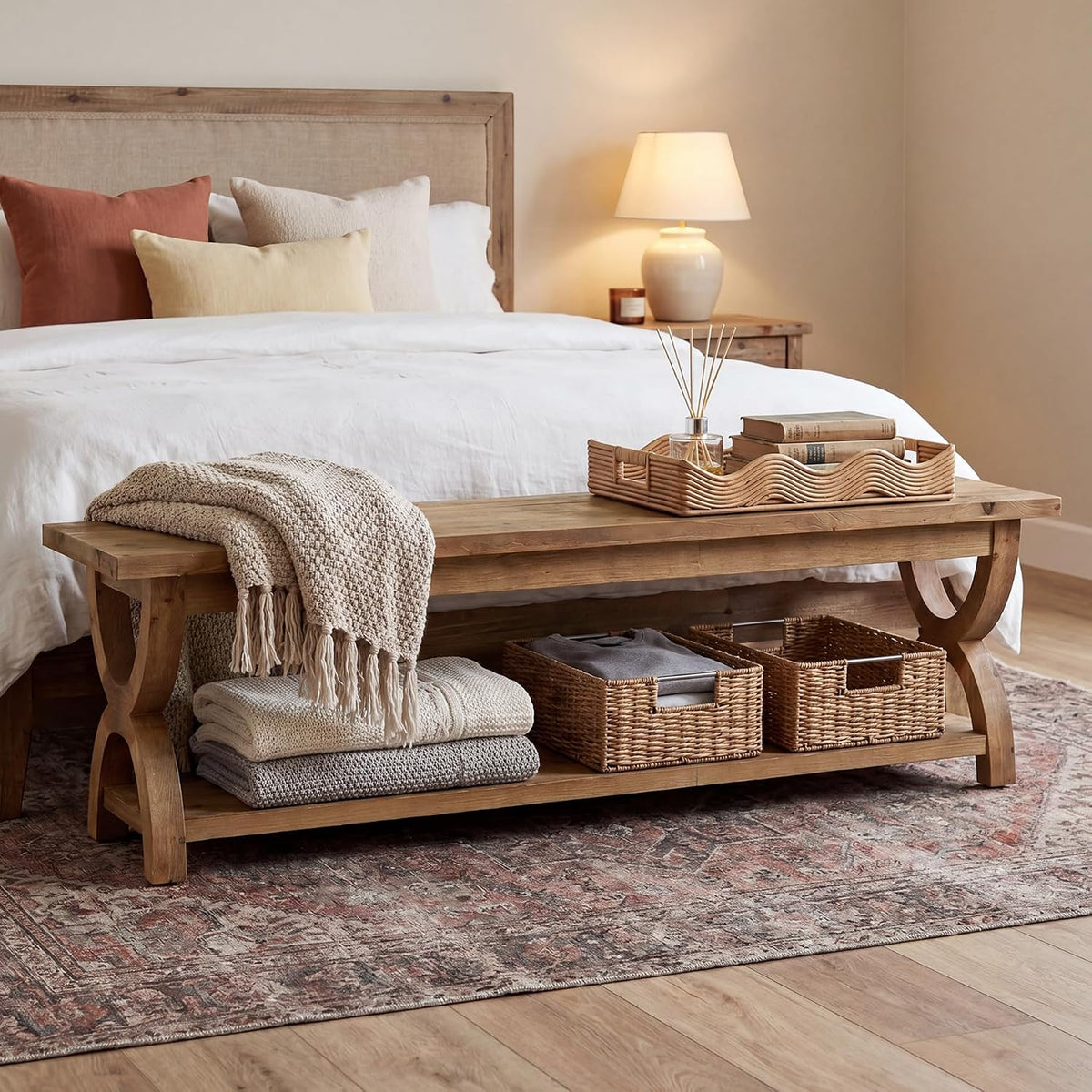 LITTLE TREE Solid Wood Shoe Storage Bench with 2-Tier Shelf