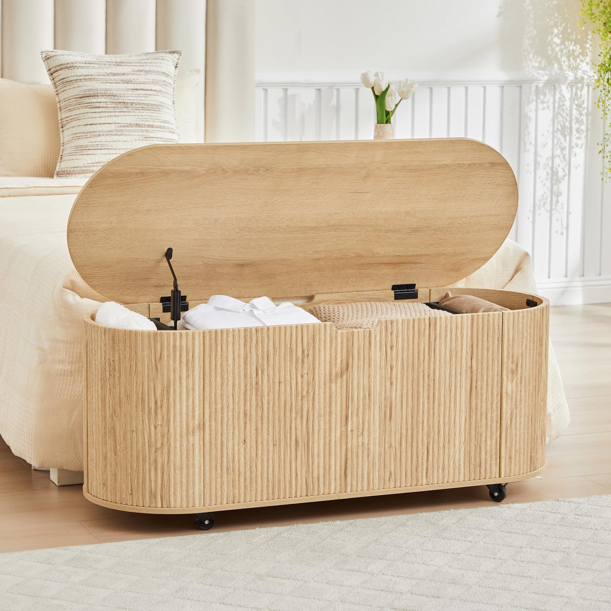 Fluted Storage Bench with 4 Wheels, 43.3” Oval Storage Chest with Safety Hinges, Modern Wooden End of Bed Bench, Large Storage Trunk Toy Chest with Lift Top for Entryway Bedroom Living Room, Natural