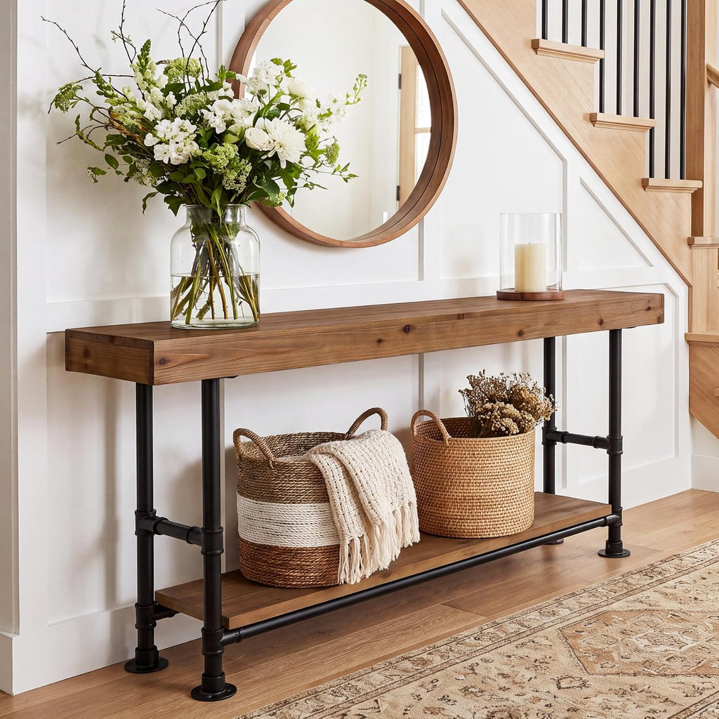 Solid Wood Entryway Table with Storage Shelf, 63 Inch