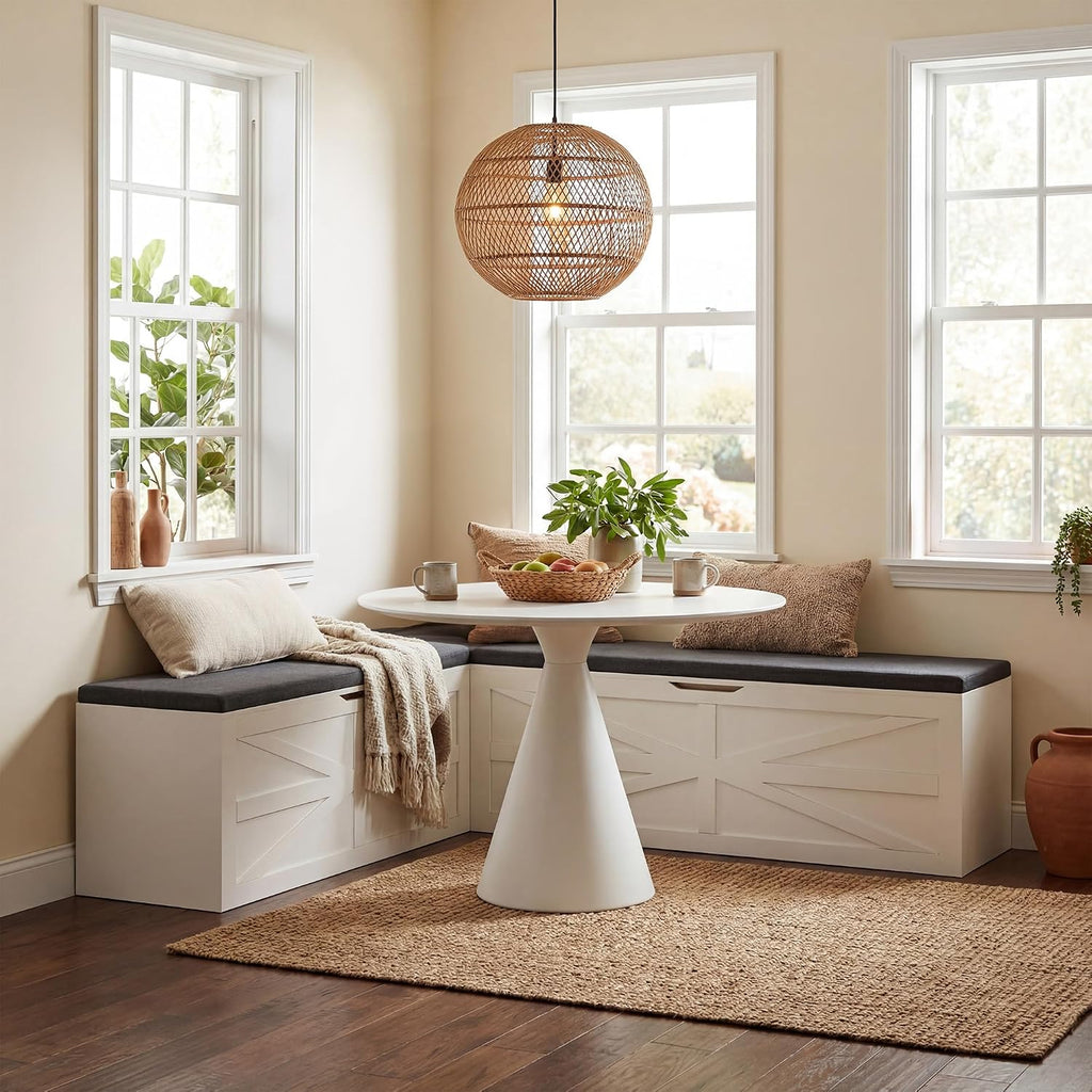 Apicizon L Shaped Storage Bench with Storage, 63" Breakfast Nook Dining Bench with Cushion, Kitchen Dining Corner Bench for Dining Room Entryway Living Room, Beige White