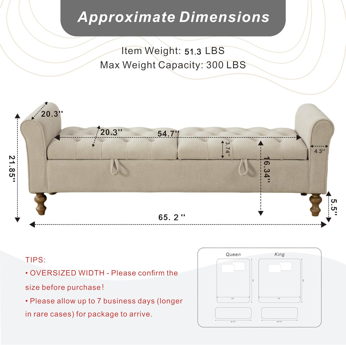 Storage Bench for Bedroom, 65.2'' Tufted End of Bed King Size Upholstered Extra-Long Bench with Dual Flip-Top Lids for Entryway, Hallway, Cloakroom, Window, Griege.