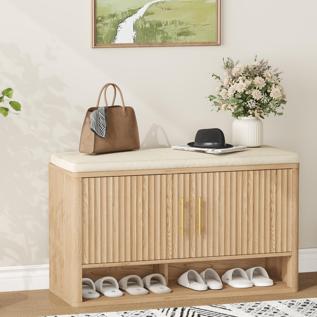 Fluted Shoe Storage Bench, Entryway Bench with Adjustable Shelves