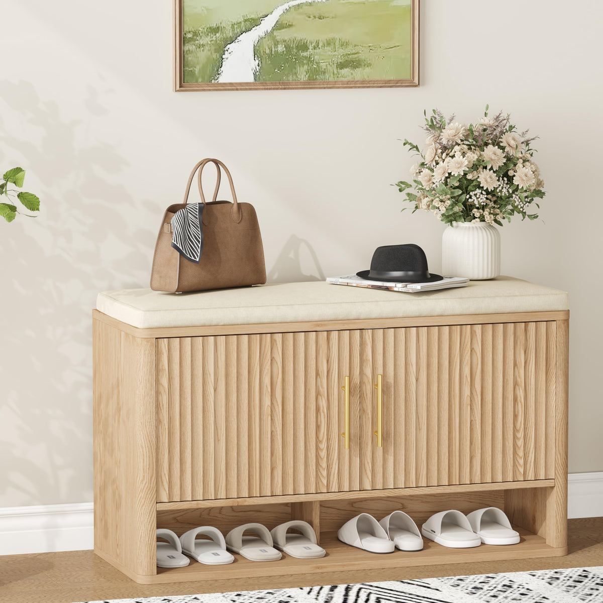 Fluted Shoe Storage Bench, Entryway Bench with Adjustable Shelves