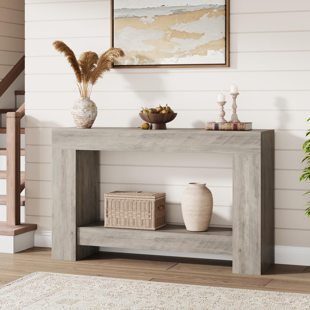 GarveeHome 47" Farmhouse 2-Tier Console Table for Entryway, Grey