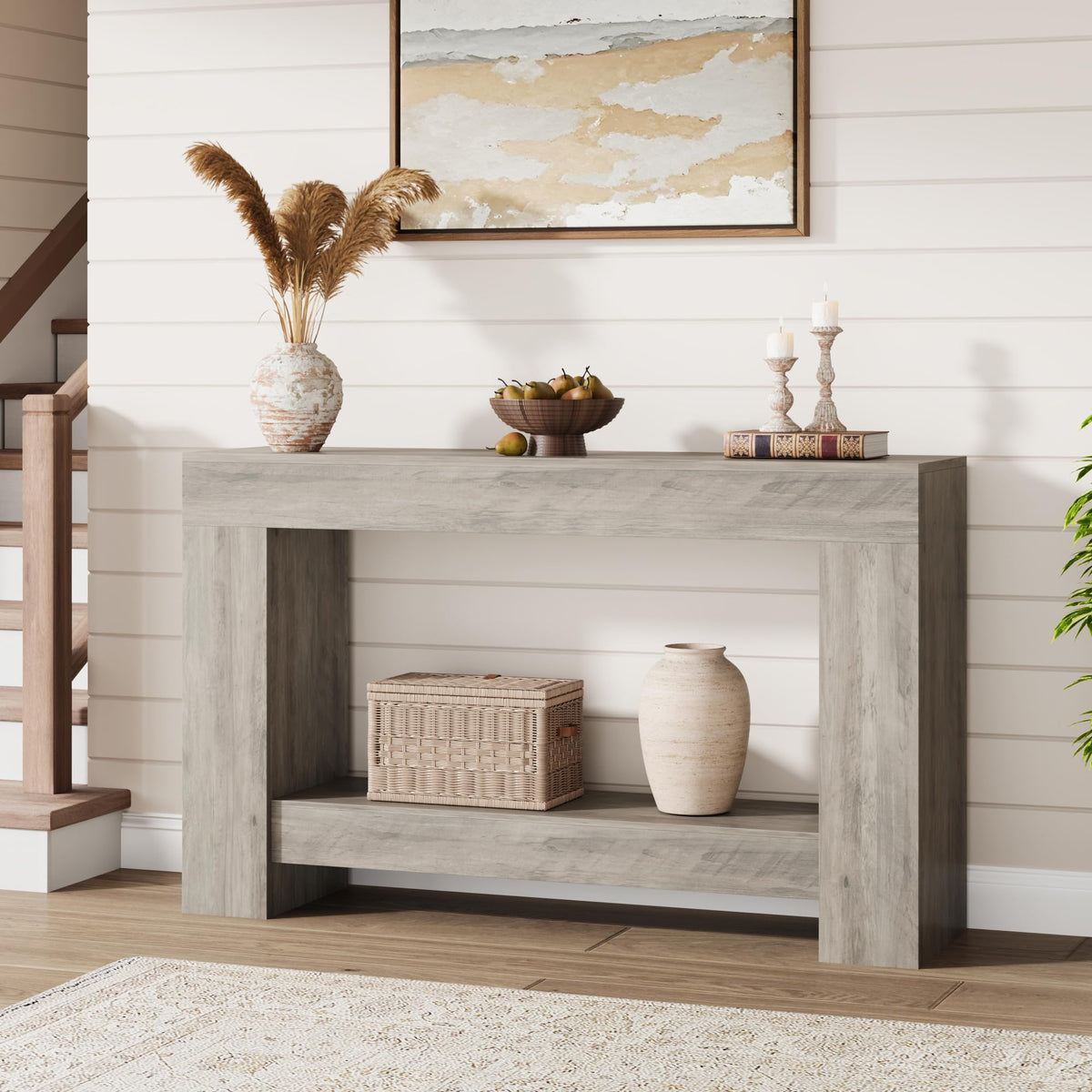 GarveeHome 47" Farmhouse 2-Tier Console Table for Entryway, Grey