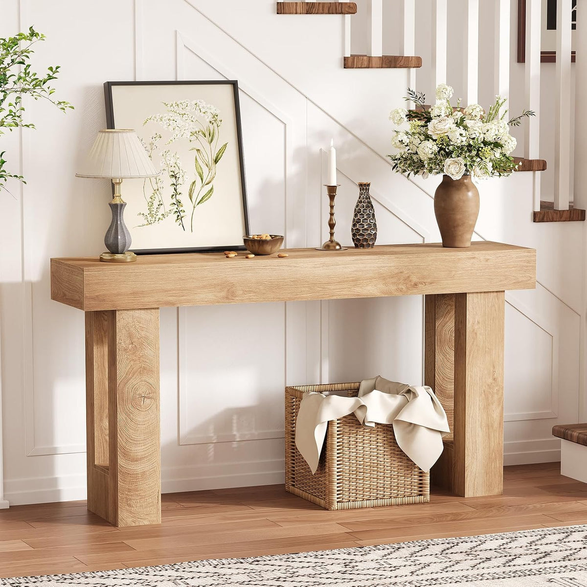 PlayfulPals 63 Inch Farmhouse Console Table, Wooden Rectangular Sofa Behind Couch, Long Entryway Table for Hallway Living Room, Natural