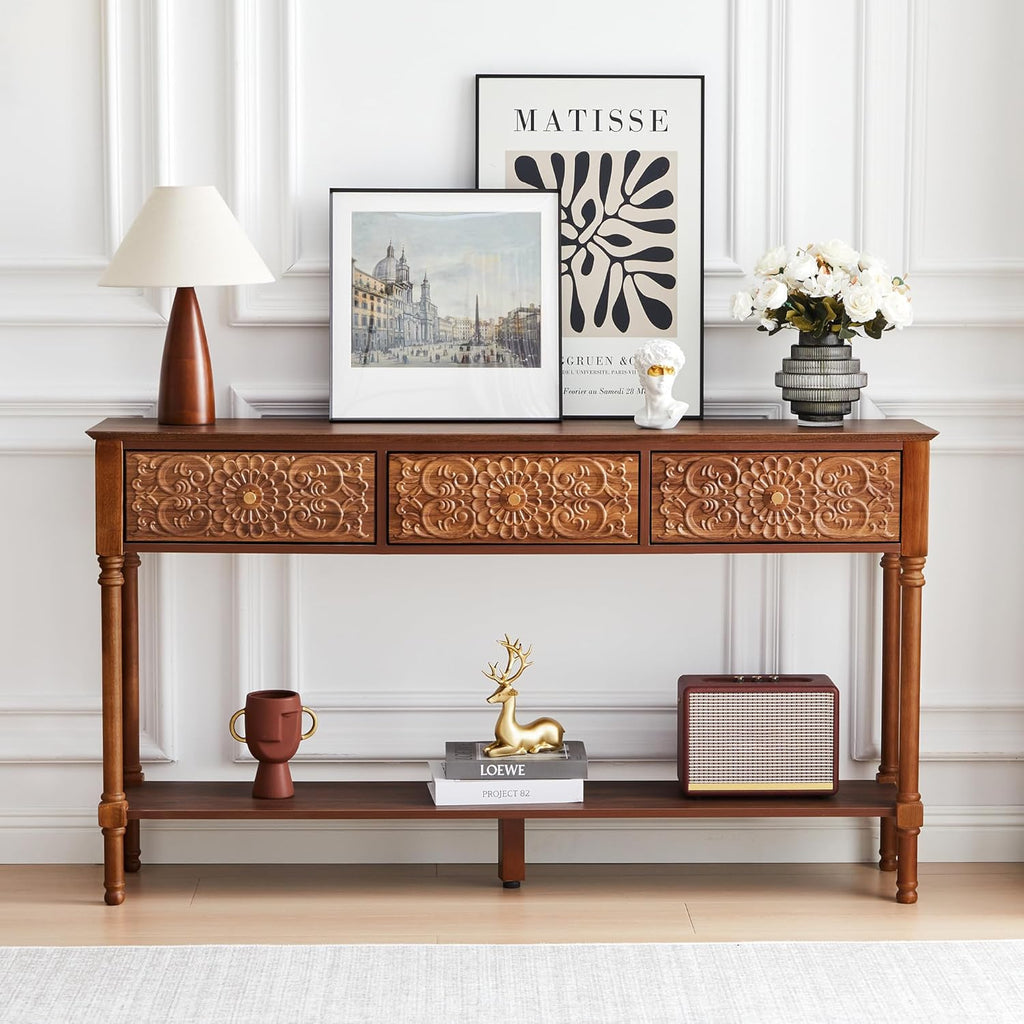 weselon 55.5" Carved Console Table with 3 Drawers, 2-Tier Sofa Table with Glossy Floral Surface and Solid Wood Legs, Mid-Century Modern Entryway Table for Living Room Hallway (Walnut)