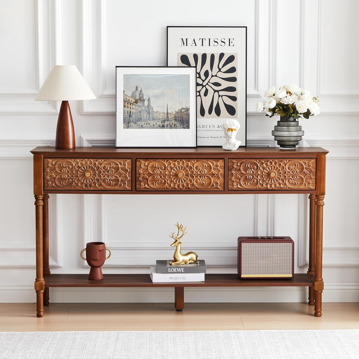weselon 55.5" Carved Console Table with 3 Drawers, 2-Tier Sofa Table with Glossy Floral Surface and Solid Wood Legs, Mid-Century Modern Entryway Table for Living Room Hallway (Walnut)