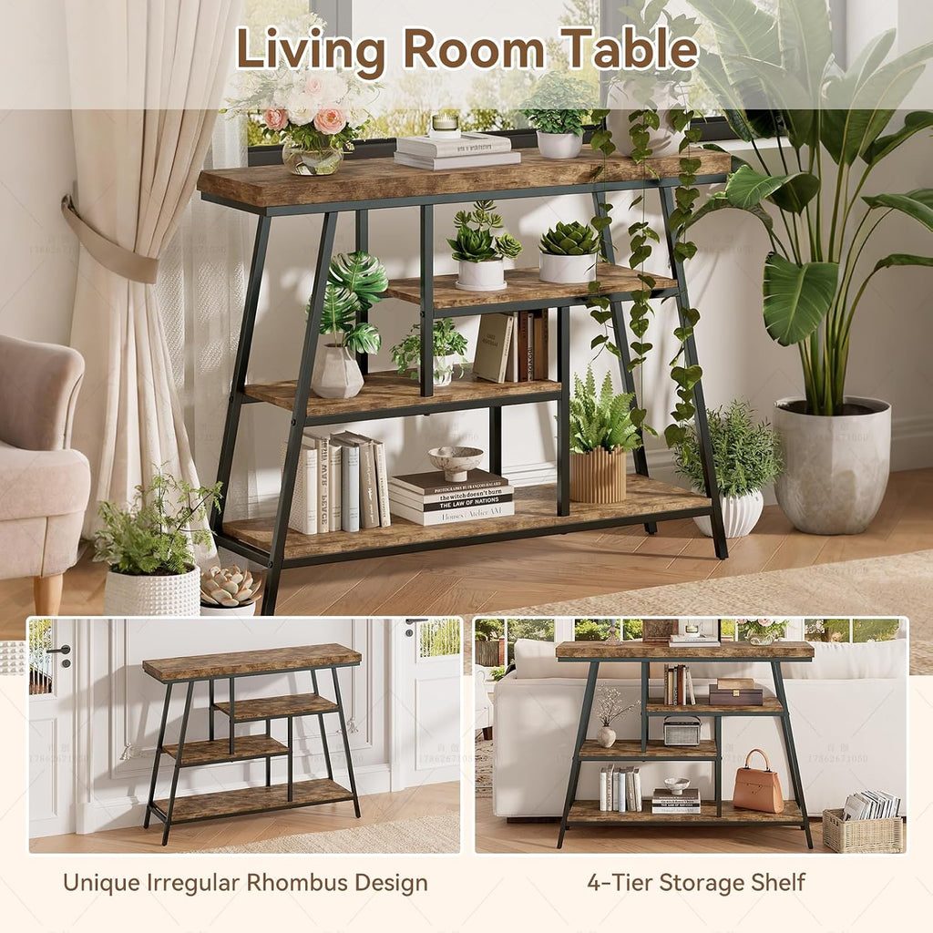 43.3" Console Table, Industrial 4-Tier Sofa Table Entryway Table with Arched Metal Frame, Storage Shelves, Narrow Wood Accent Tables with Small Spaces,Living Room,Hallway,Foyer, Rustic Brown